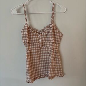 white and taupe/beige/pink checkered gingham button front lace trim tank top🤍